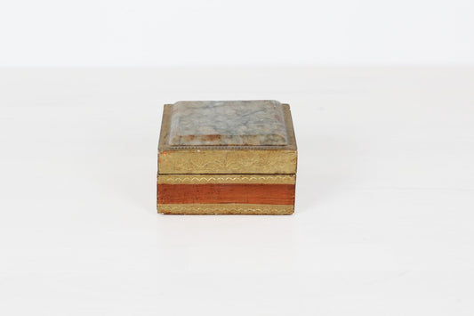 Vintage Italian Florentine Gilt Wood Trinket Box with Marble Lid Inset