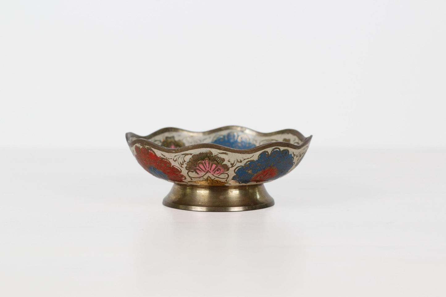 Vintage Enameled Brass Pedestal Bowl  with Hand Painted Florals