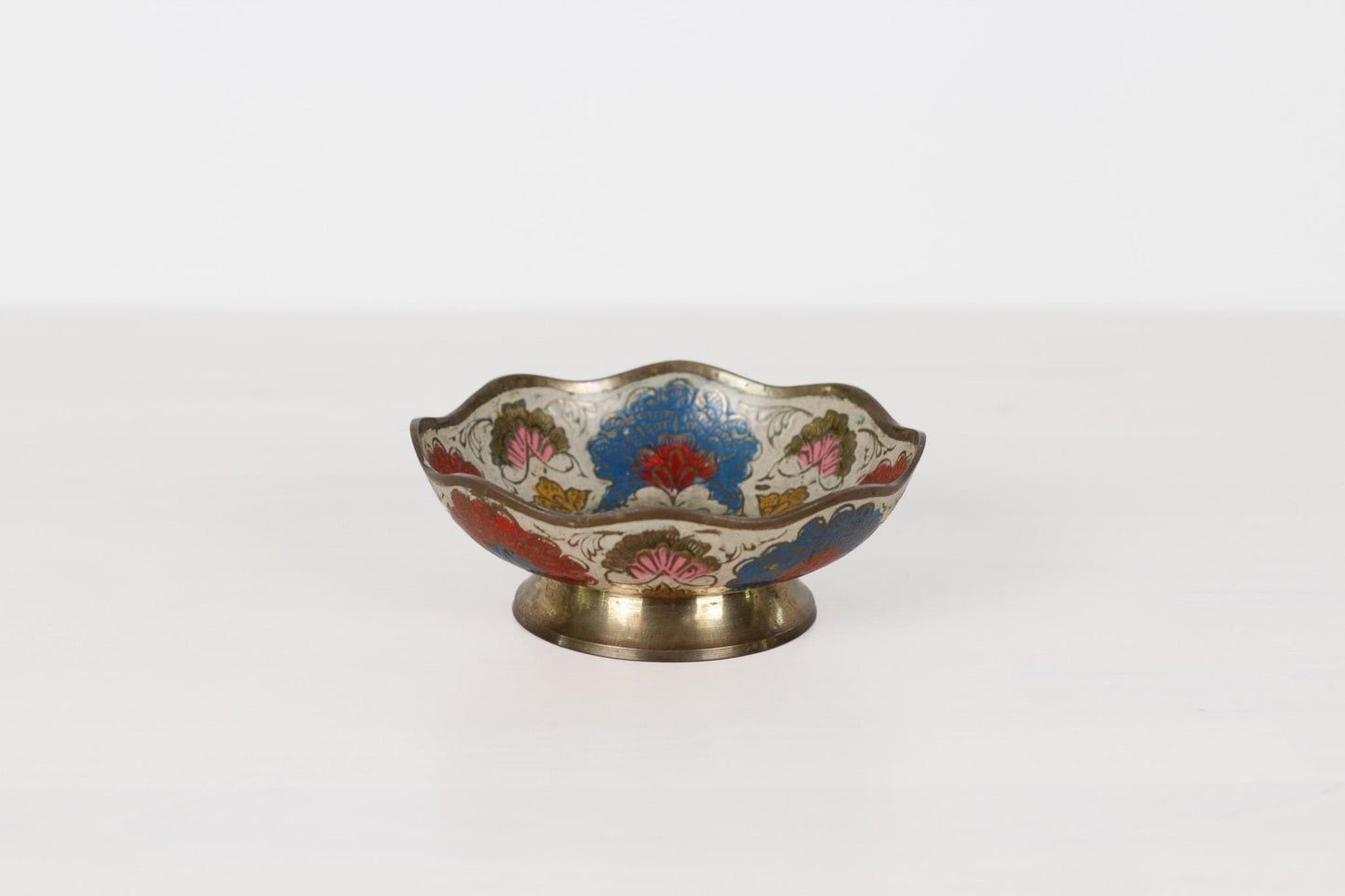 Vintage Enameled Brass Pedestal Bowl  with Hand Painted Florals