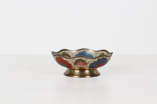 Vintage Enameled Brass Pedestal Bowl  with Hand Painted Florals