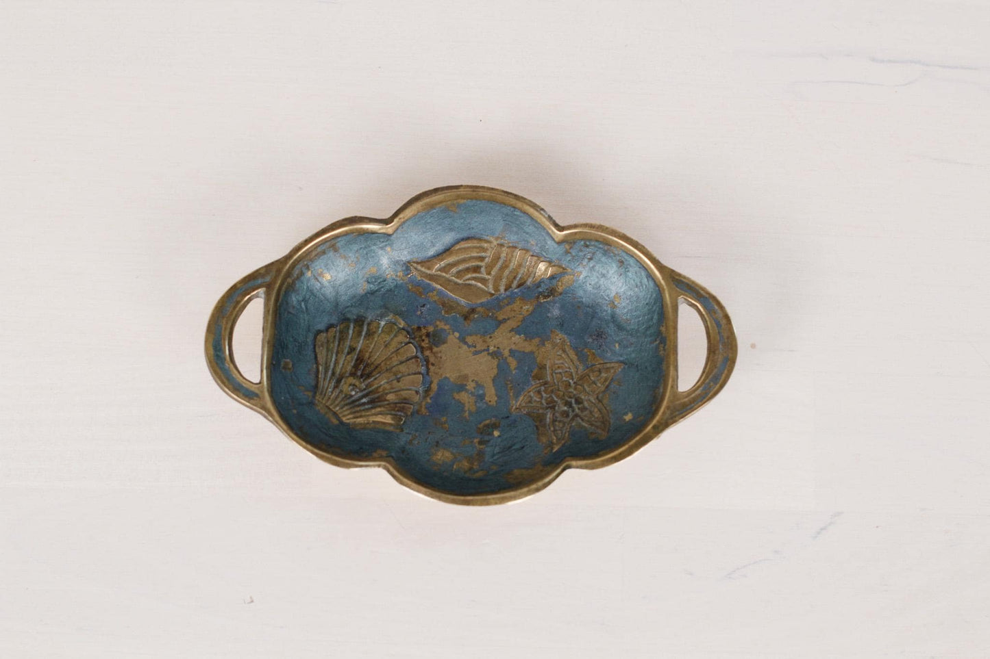 Vintage Enameled Brass Trinket Dish with Sea Shell Motifs