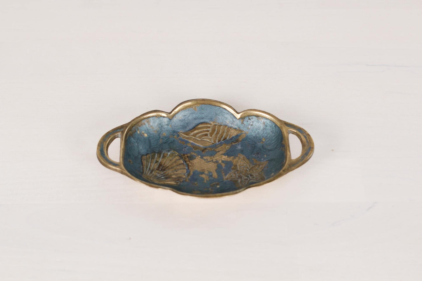 Vintage Enameled Brass Trinket Dish with Sea Shell Motifs