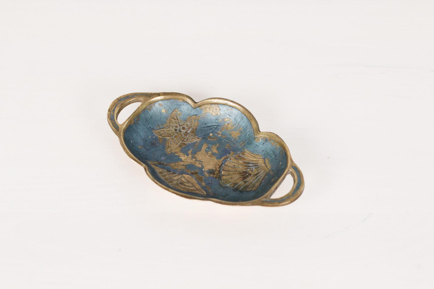 Vintage Enameled Brass Trinket Dish with Sea Shell Motifs
