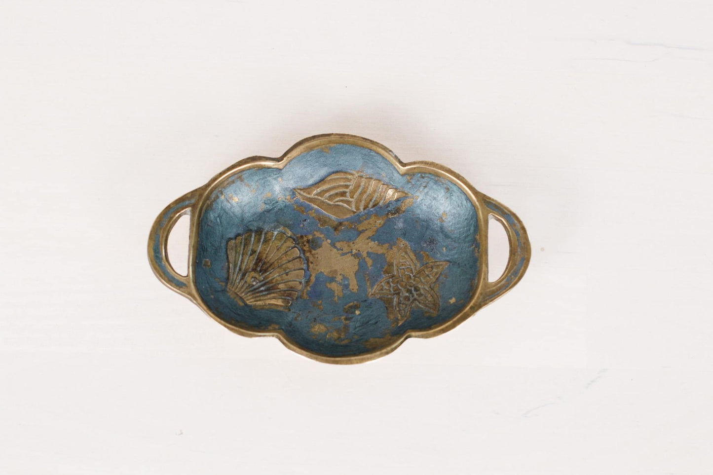 Vintage Enameled Brass Trinket Dish with Sea Shell Motifs