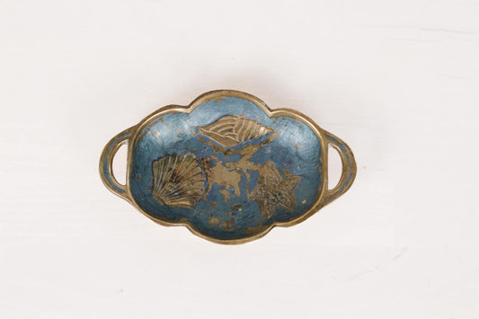 Vintage Enameled Brass Trinket Dish with Sea Shell Motifs