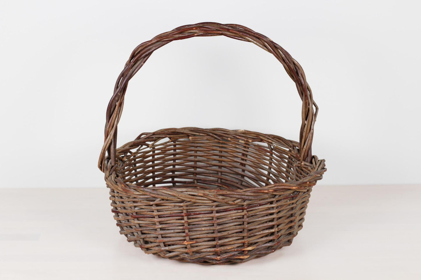 Vintage Large Handwoven Willow Gathering Basket with Handle