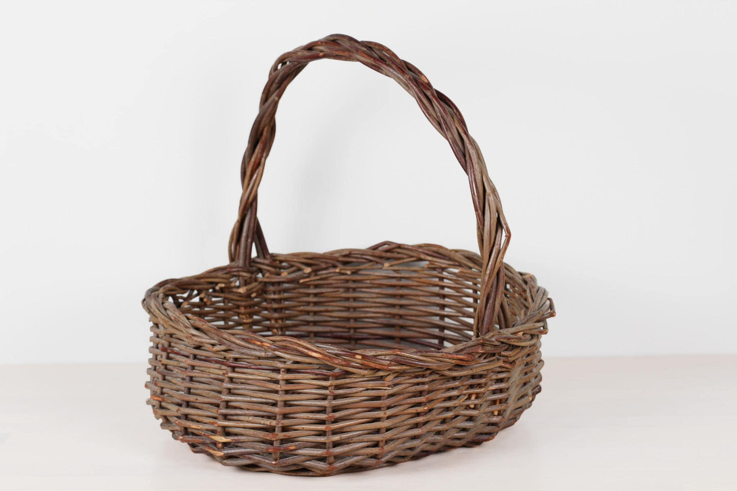 Vintage Large Handwoven Willow Gathering Basket with Handle