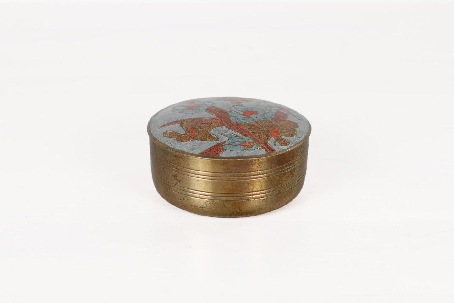 Vintage Brass Trinket Box with Enameled Floral Lid