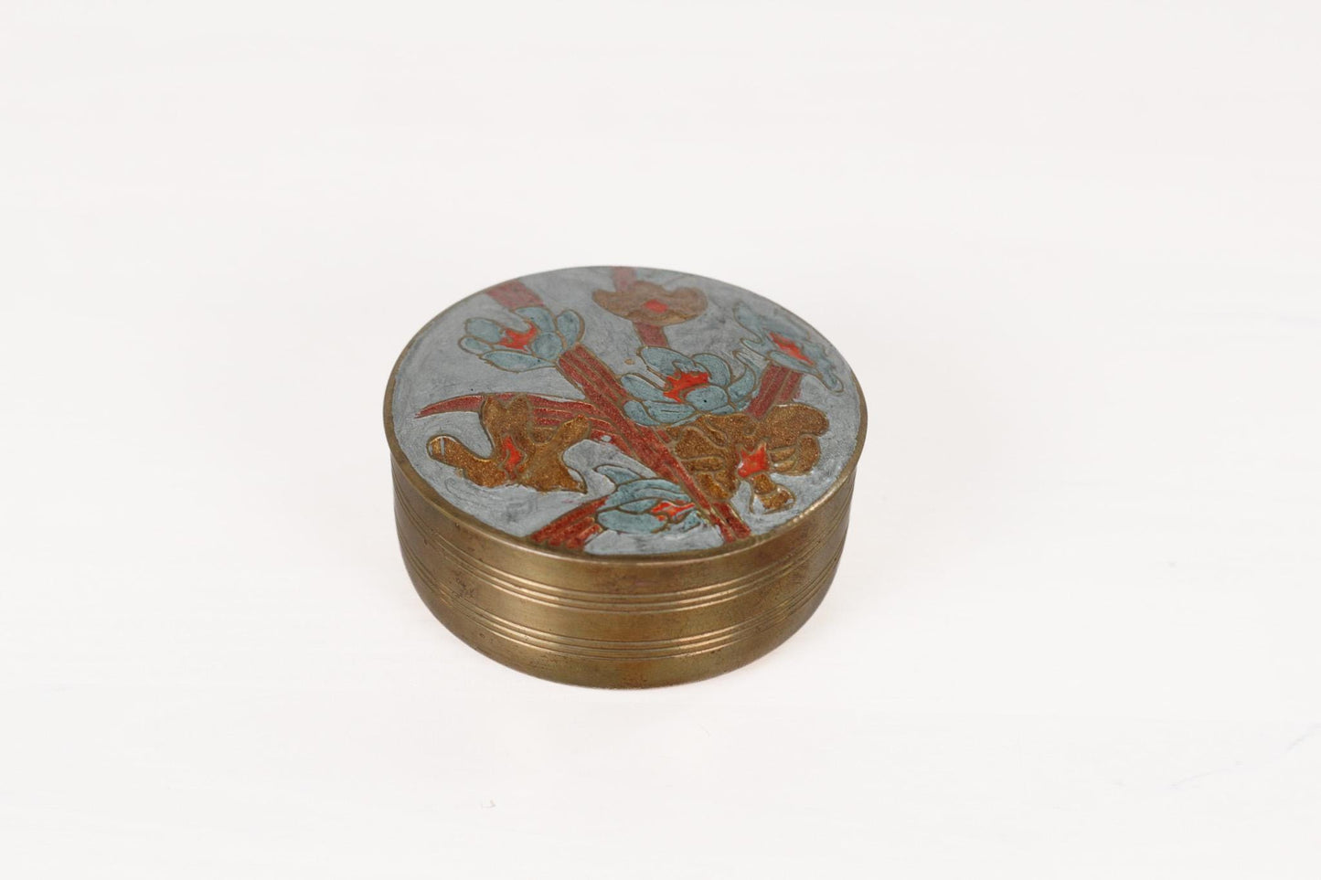 Vintage Brass Trinket Box with Enameled Floral Lid
