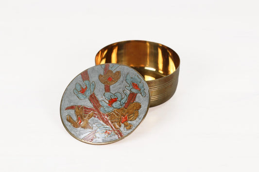 Vintage Brass Trinket Box with Enameled Floral Lid