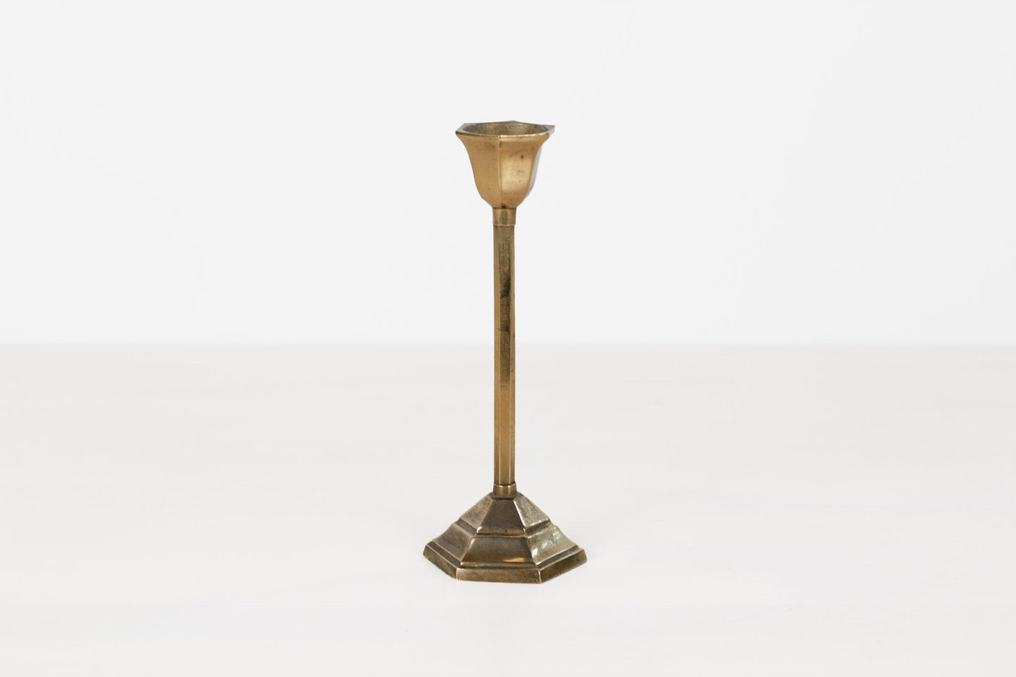 Vintage Brass Art Deco Candlestick with Hexagonal Base