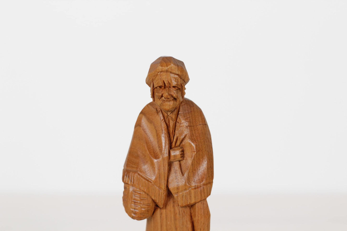 Vintage Caron Hand-Carved Wood Figurine of Elderly Woman with Basket | Canadian Folk Art