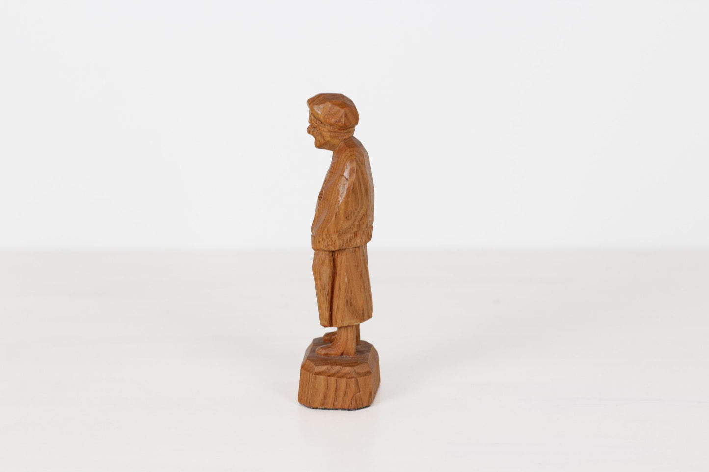 Vintage Caron Hand-Carved Wood Figurine of Elderly Woman with Basket | Canadian Folk Art