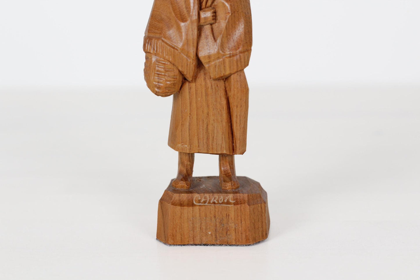 Vintage Caron Hand-Carved Wood Figurine of Elderly Woman with Basket | Canadian Folk Art