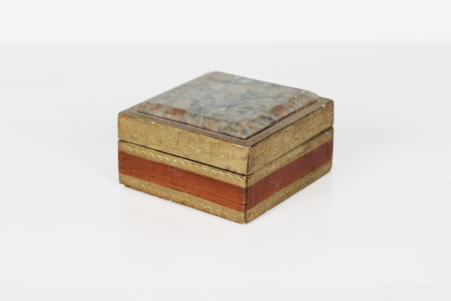 Vintage Italian Florentine Gilt Wood Trinket Box with Marble Lid Inset