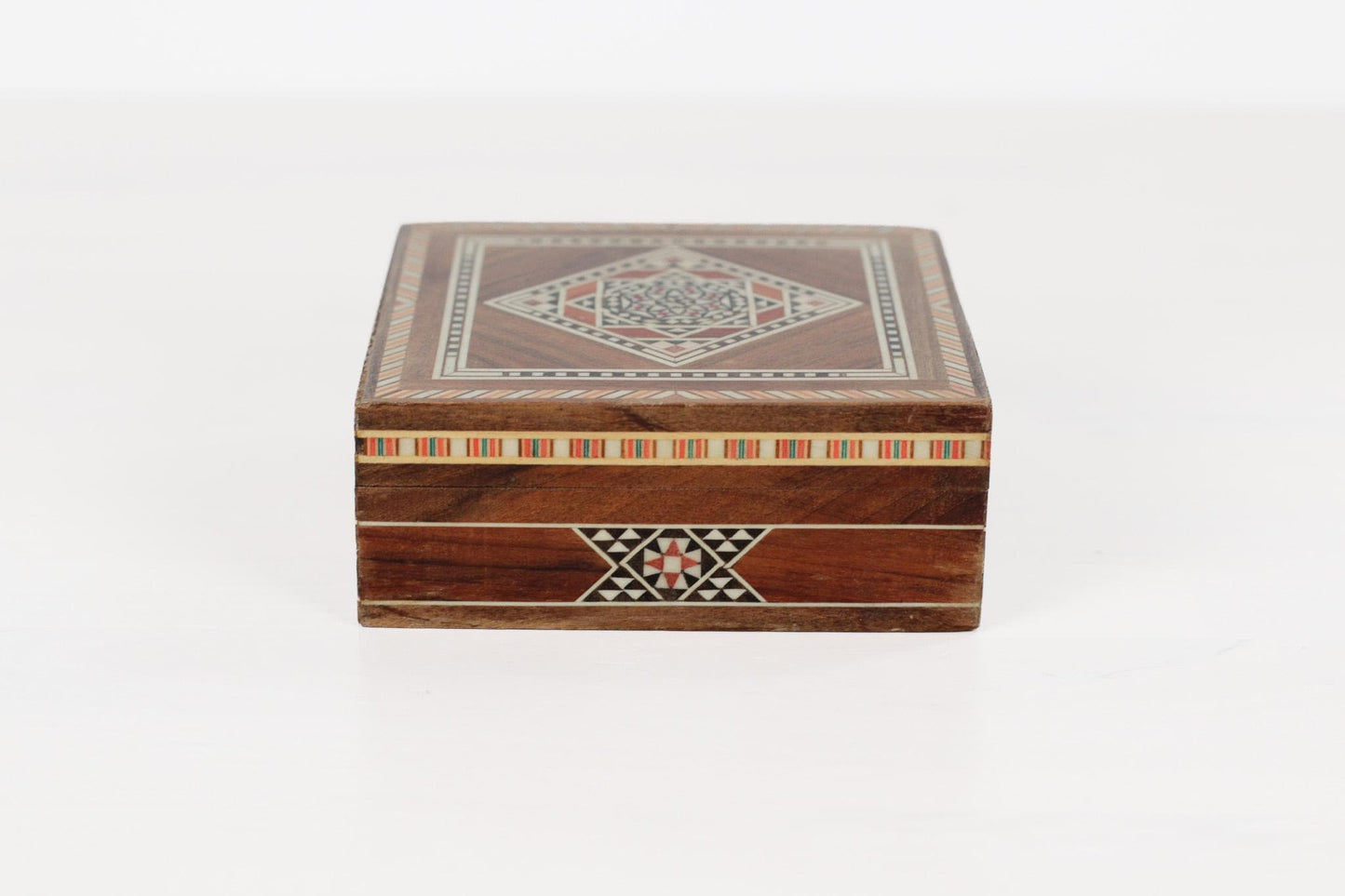 Vintage Wooden Marquetry Inlay Box with Red Velvet Lining