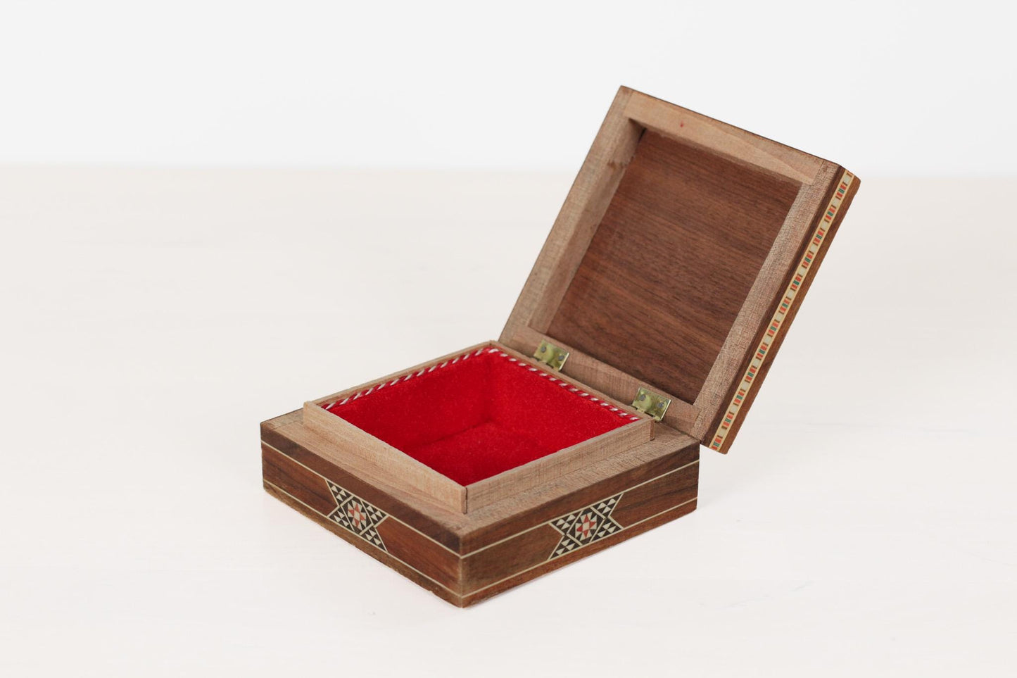 Vintage Wooden Marquetry Inlay Box with Red Velvet Lining