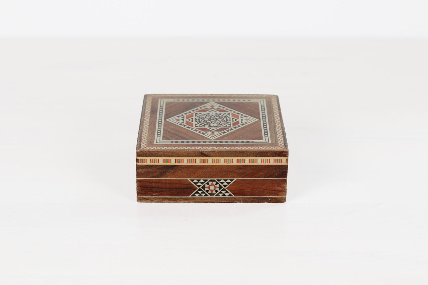 Vintage Wooden Marquetry Inlay Box with Red Velvet Lining