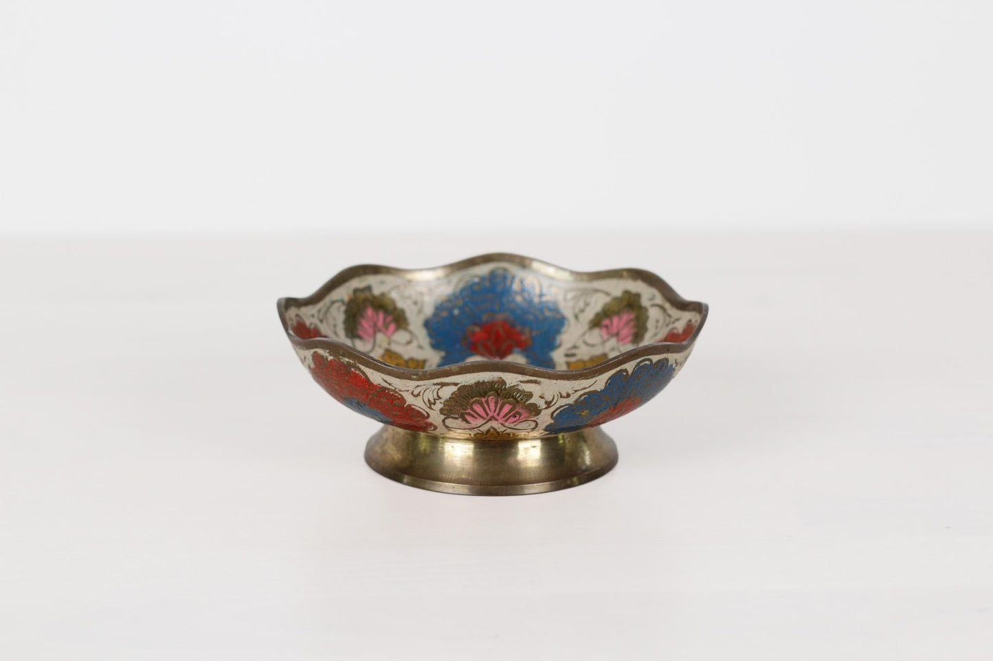 Vintage Enameled Brass Pedestal Bowl  with Hand Painted Florals