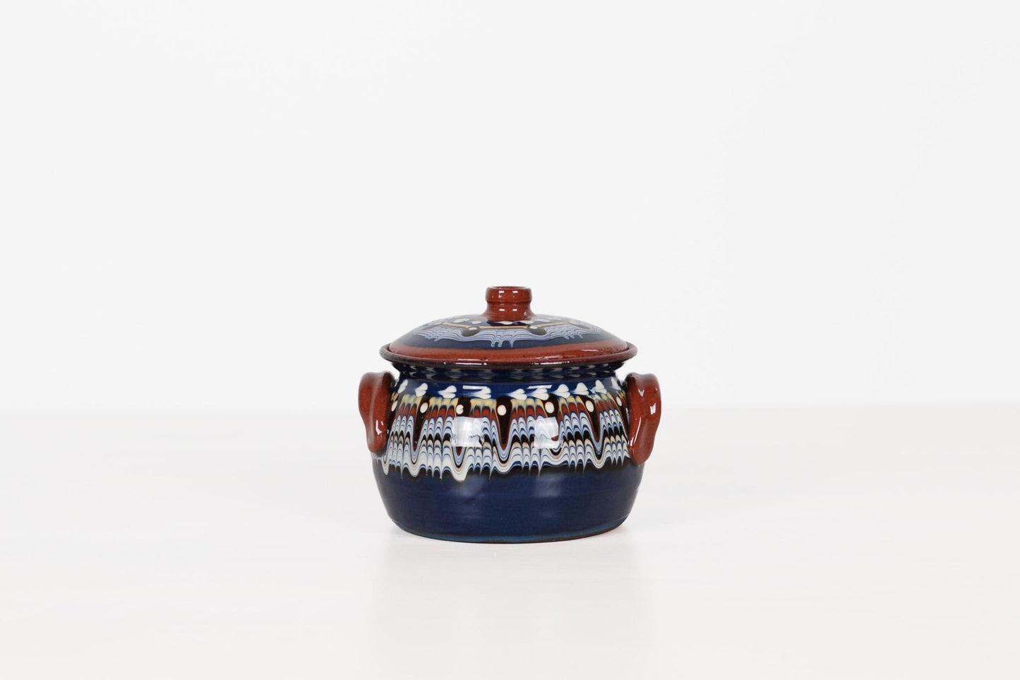Vintage Bulgarian Troyan Pottery Lidded Pot with Feathered Glaze