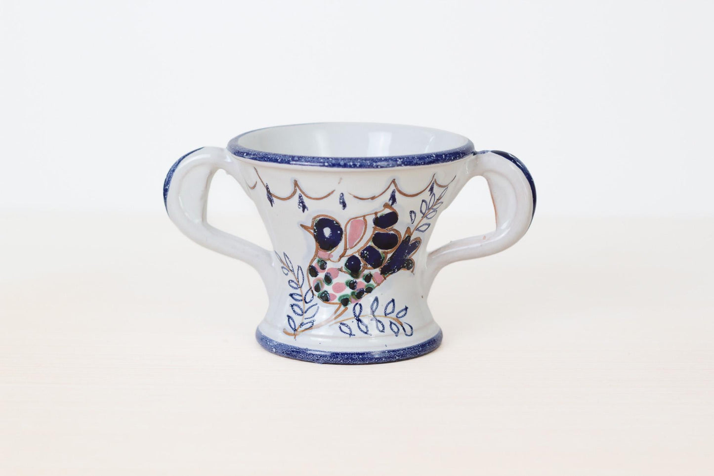 Vintage Italian Ceramic Sugar Bowl with Hand-Painted Bird