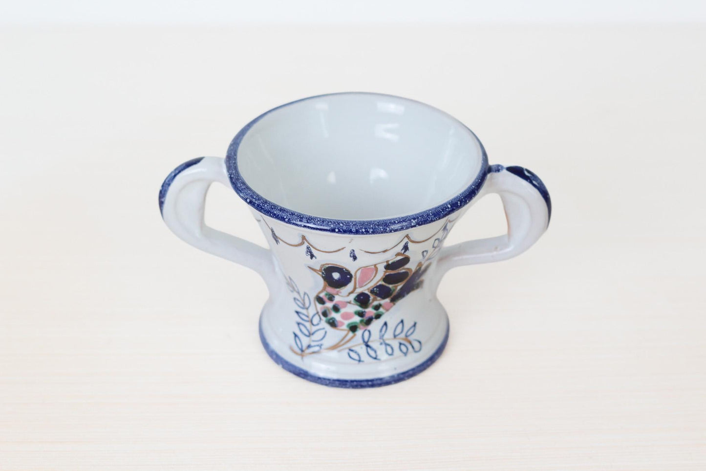Vintage Italian Ceramic Sugar Bowl with Hand-Painted Bird