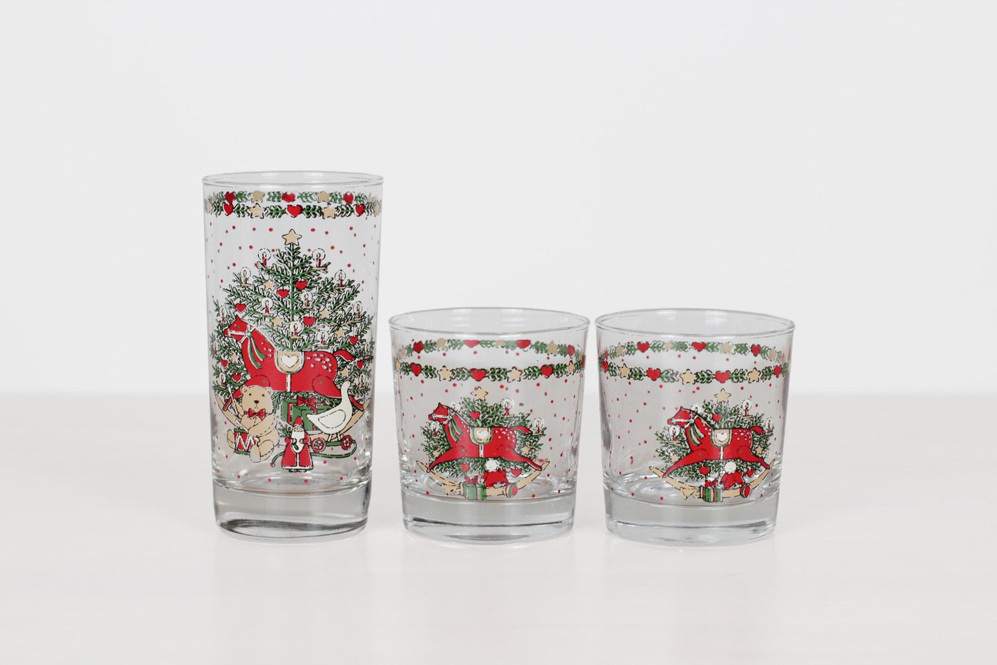 Set of 3 Vintage Christmas Glasses with Red Rocking Horse | 80s Holiday Table