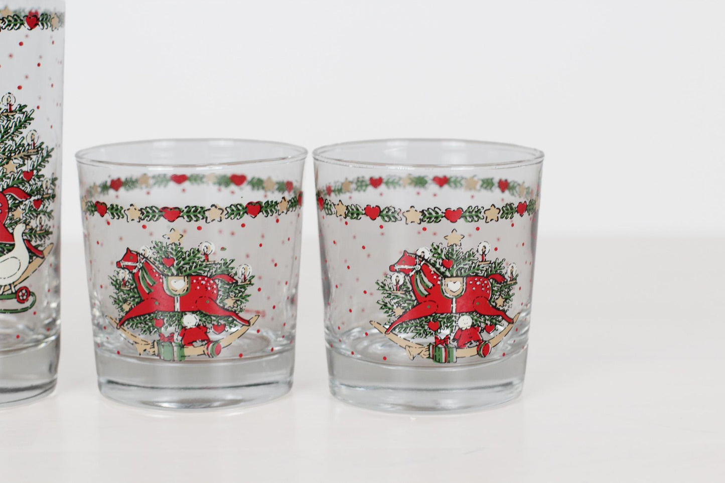 Set of 3 Vintage Christmas Glasses with Red Rocking Horse | 80s Holiday Table