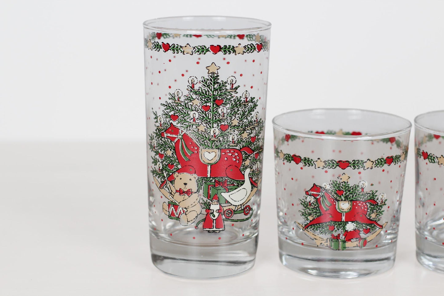Set of 3 Vintage Christmas Glasses with Red Rocking Horse | 80s Holiday Table
