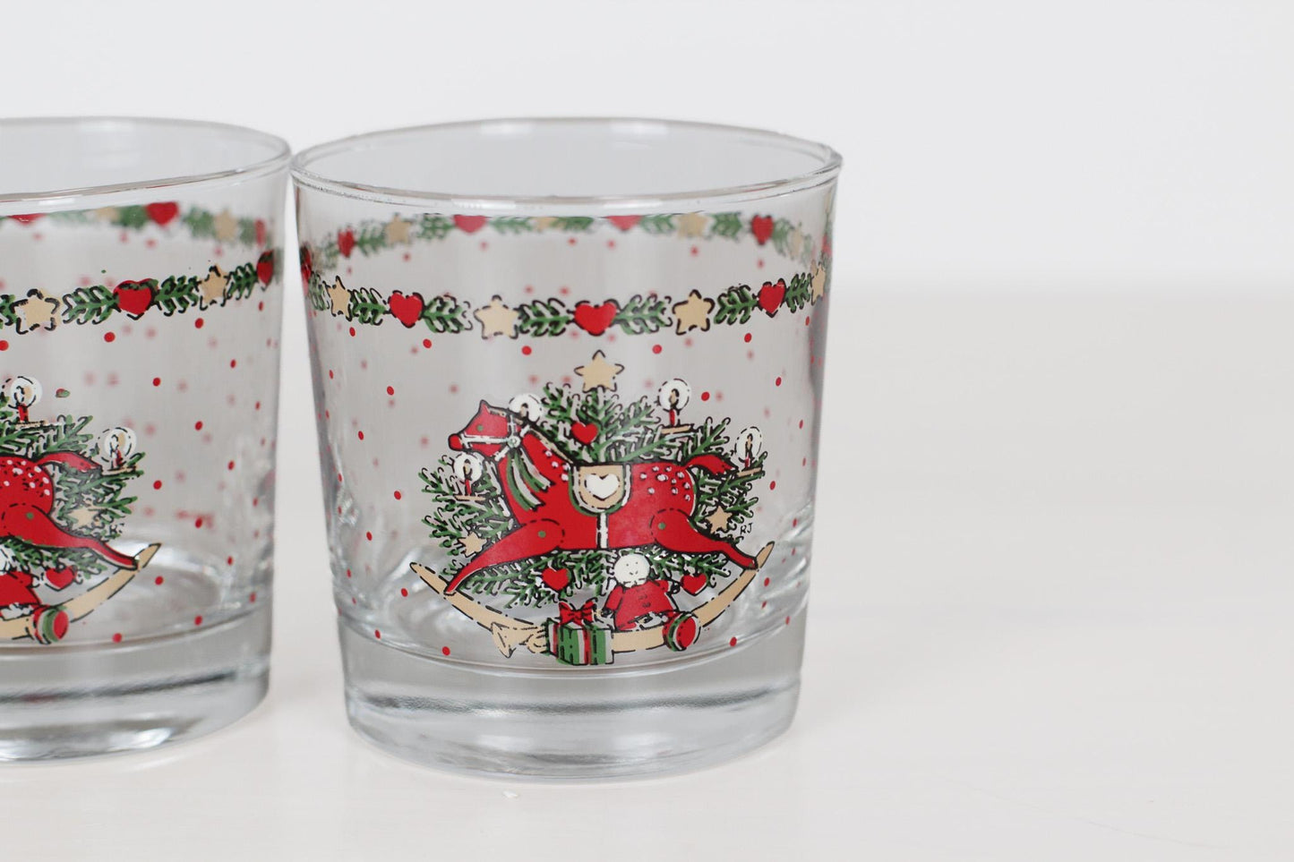 Set of 3 Vintage Christmas Glasses with Red Rocking Horse | 80s Holiday Table