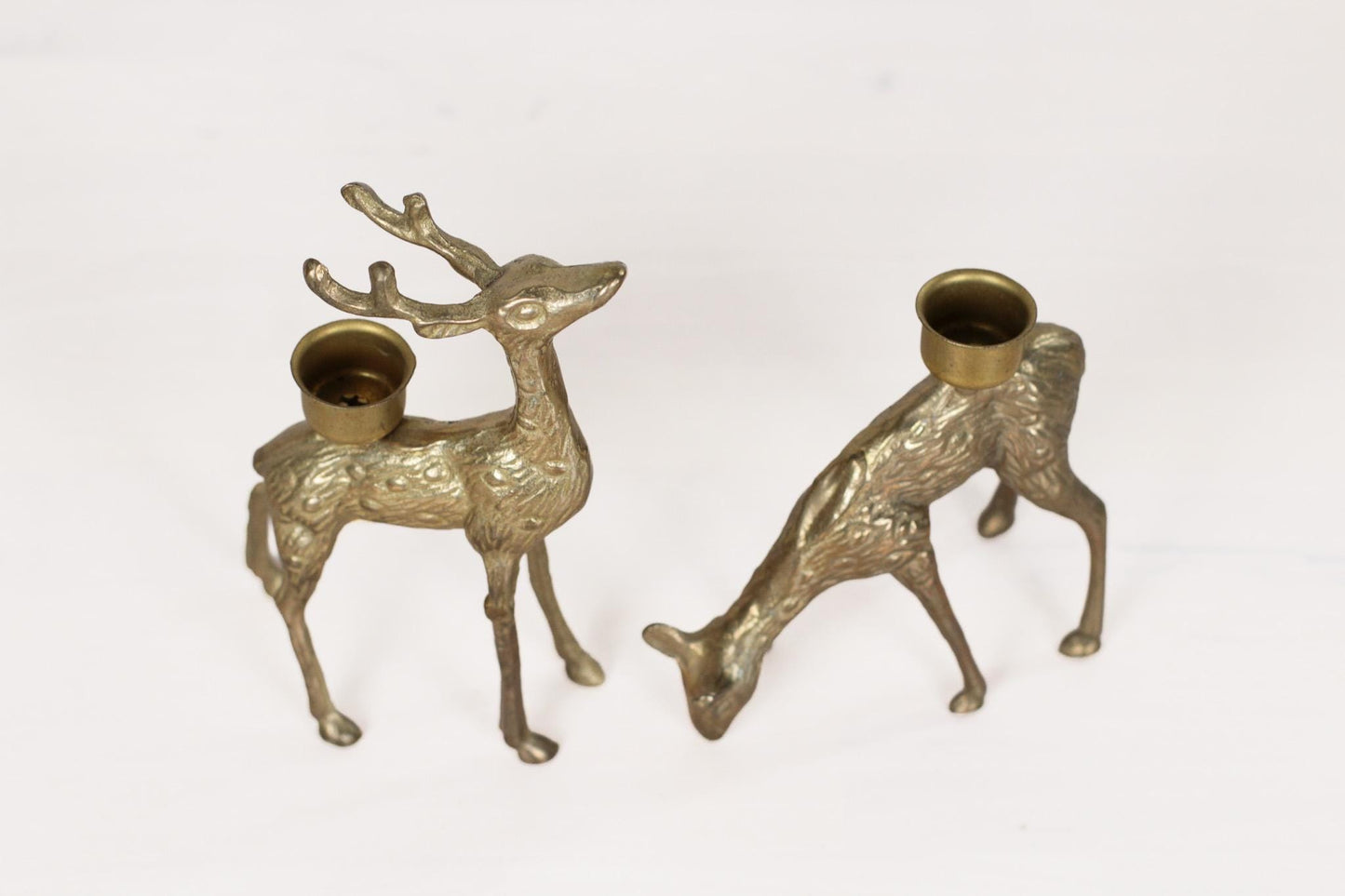 Vintage Brass Deer Candle Holders, Stag and Doe Pair