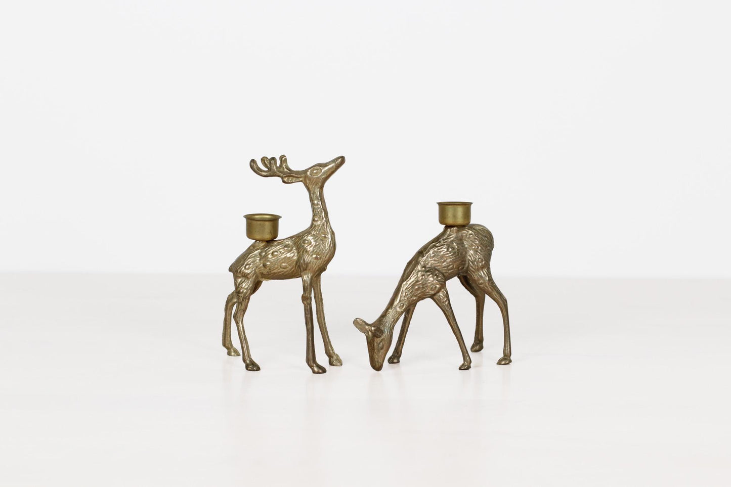 Vintage Brass Deer Candle Holders, Stag and Doe Pair
