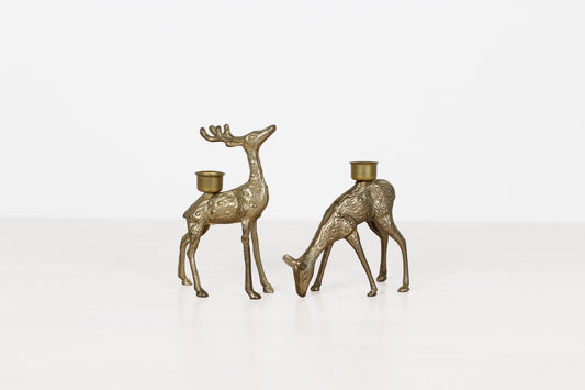 Vintage Brass Deer Candle Holders, Stag and Doe Pair