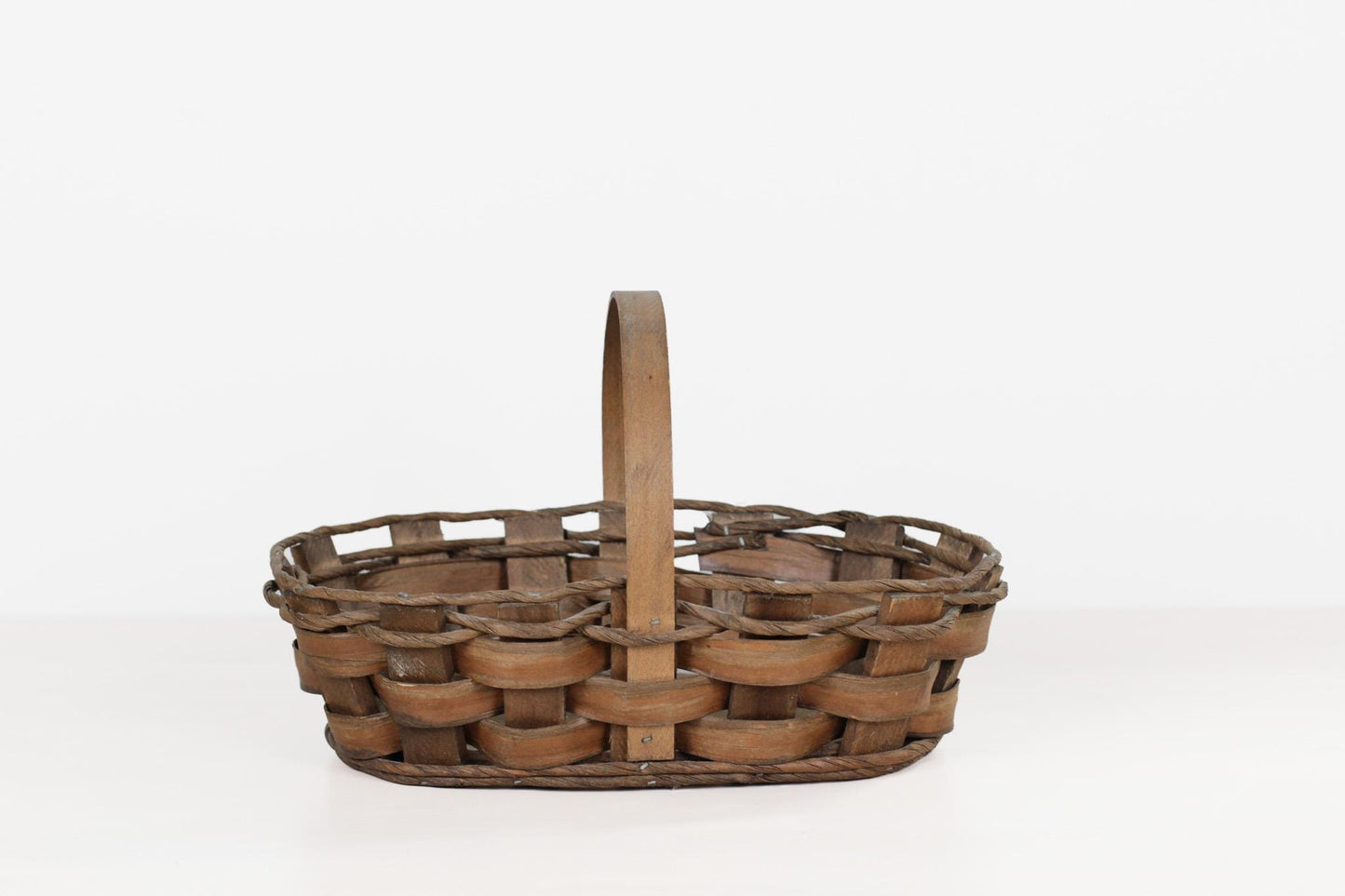 Vintage Handwoven Oval Gathering Basket with Handle