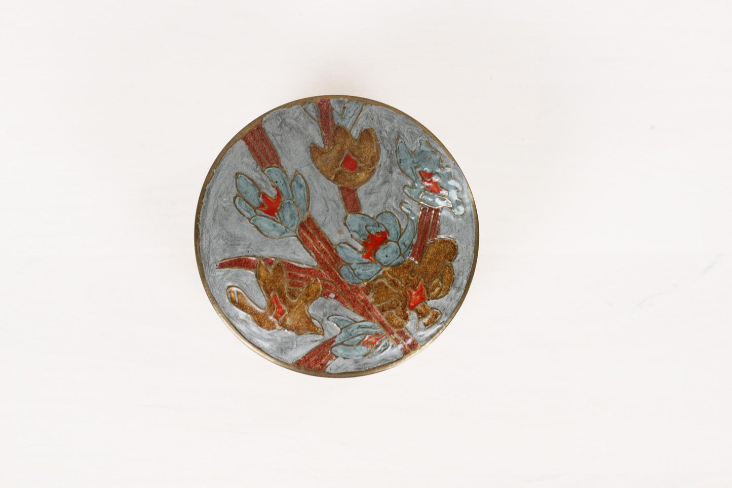 Vintage Brass Trinket Box with Enameled Floral Lid