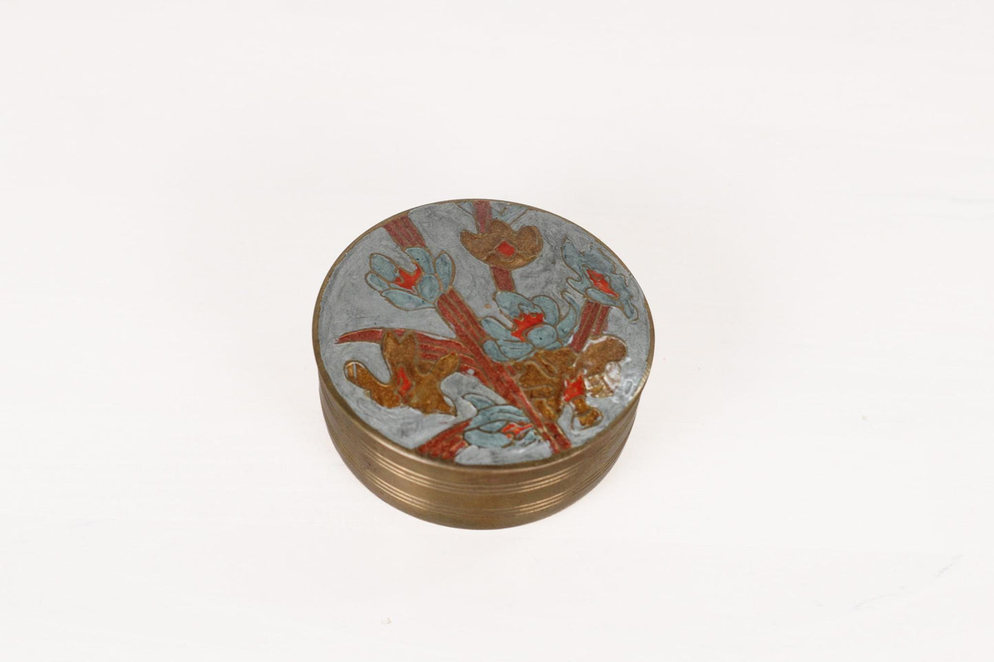 Vintage Brass Trinket Box with Enameled Floral Lid