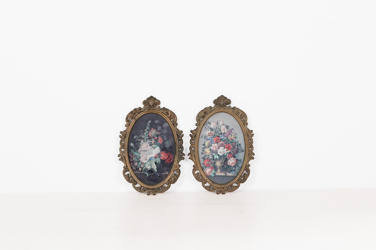 Pair of Vintage Italian Ornate Oval Frames with Floral Prints