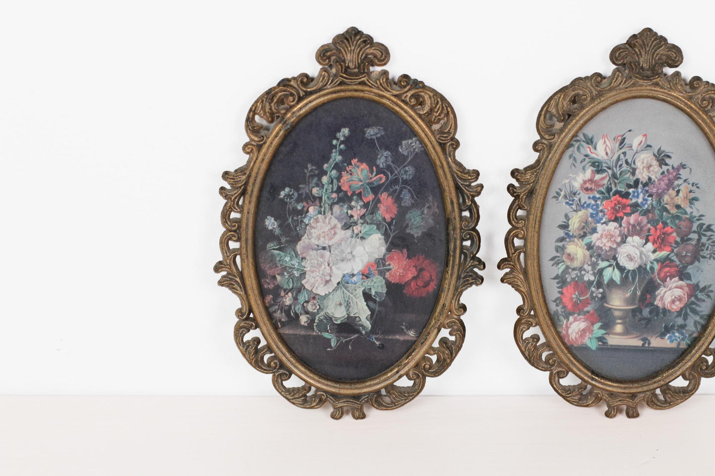Pair of Vintage Italian Ornate Oval Frames with Floral Prints