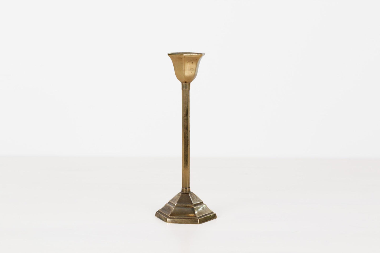 Vintage Brass Art Deco Candlestick with Hexagonal Base