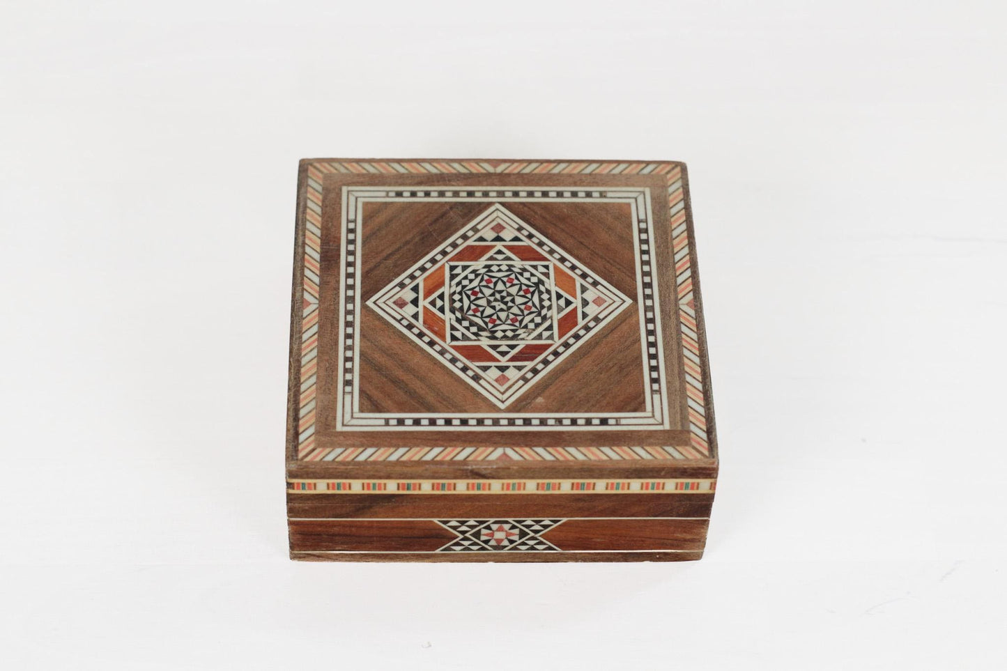 Vintage Wooden Marquetry Inlay Box with Red Velvet Lining