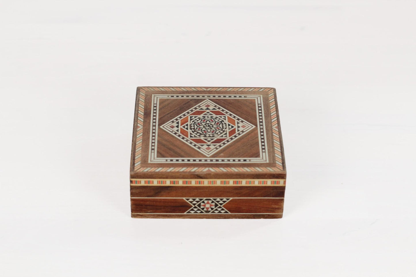 Vintage Wooden Marquetry Inlay Box with Red Velvet Lining