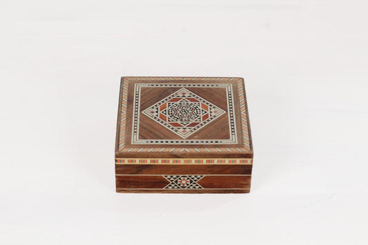 Vintage Wooden Marquetry Inlay Box with Red Velvet Lining