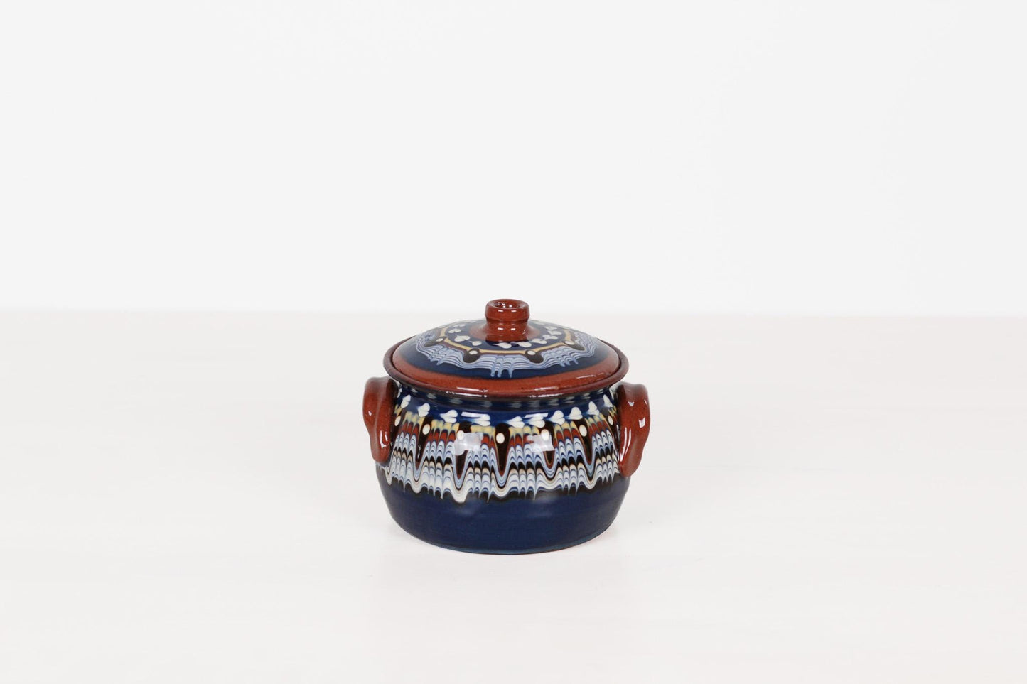 Vintage Bulgarian Troyan Pottery Lidded Pot with Feathered Glaze