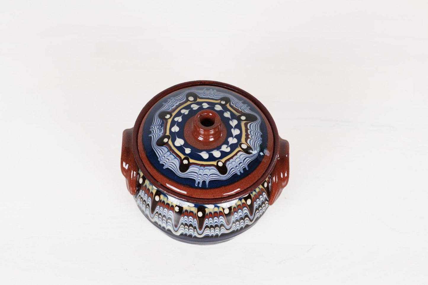 Vintage Bulgarian Troyan Pottery Lidded Pot with Feathered Glaze