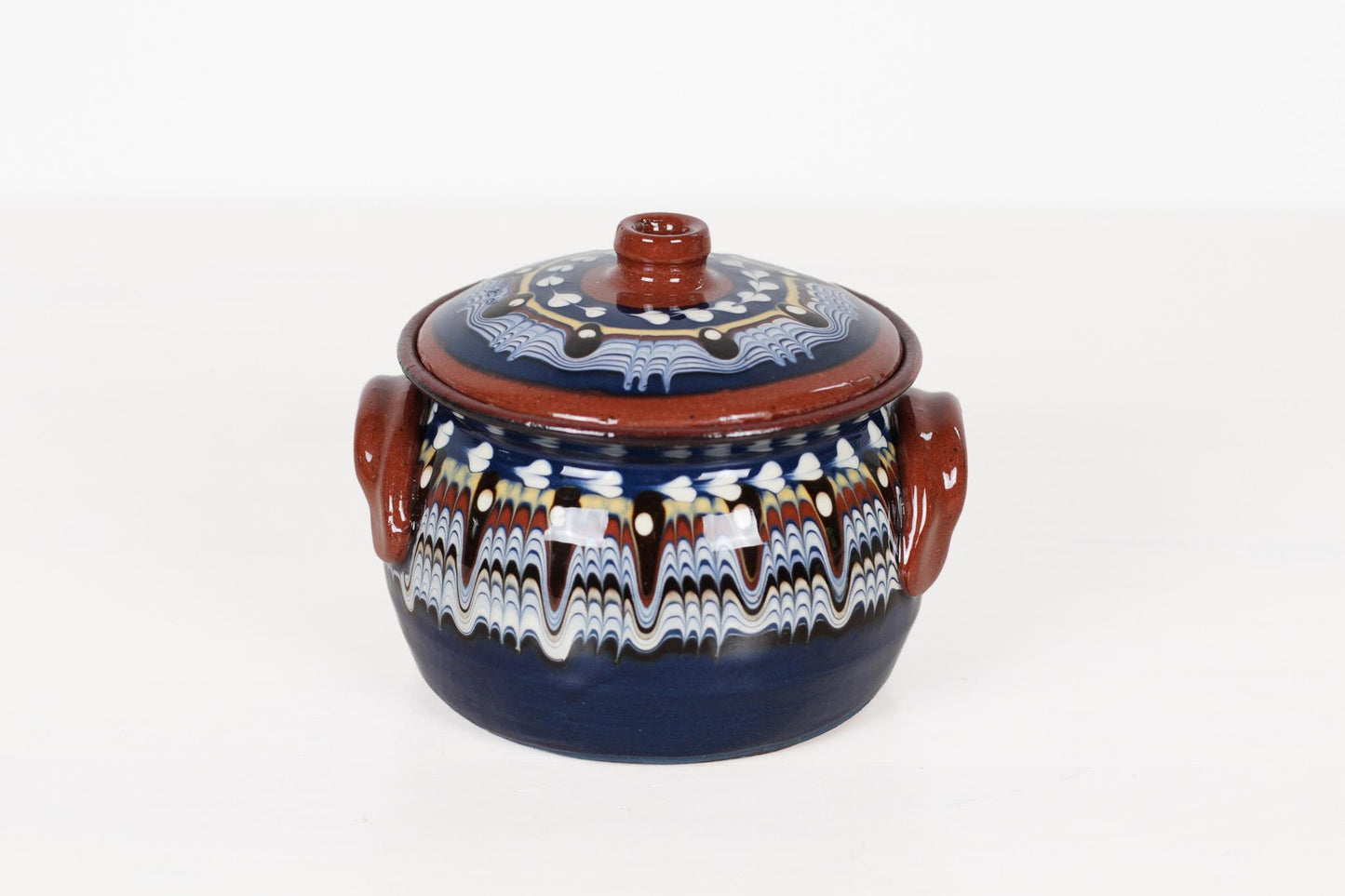 Vintage Bulgarian Troyan Pottery Lidded Pot with Feathered Glaze
