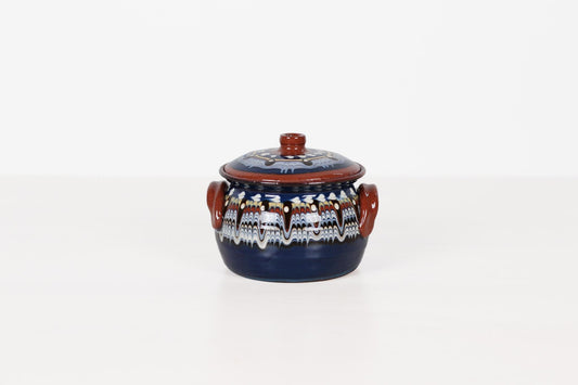 Vintage Bulgarian Troyan Pottery Lidded Pot with Feathered Glaze
