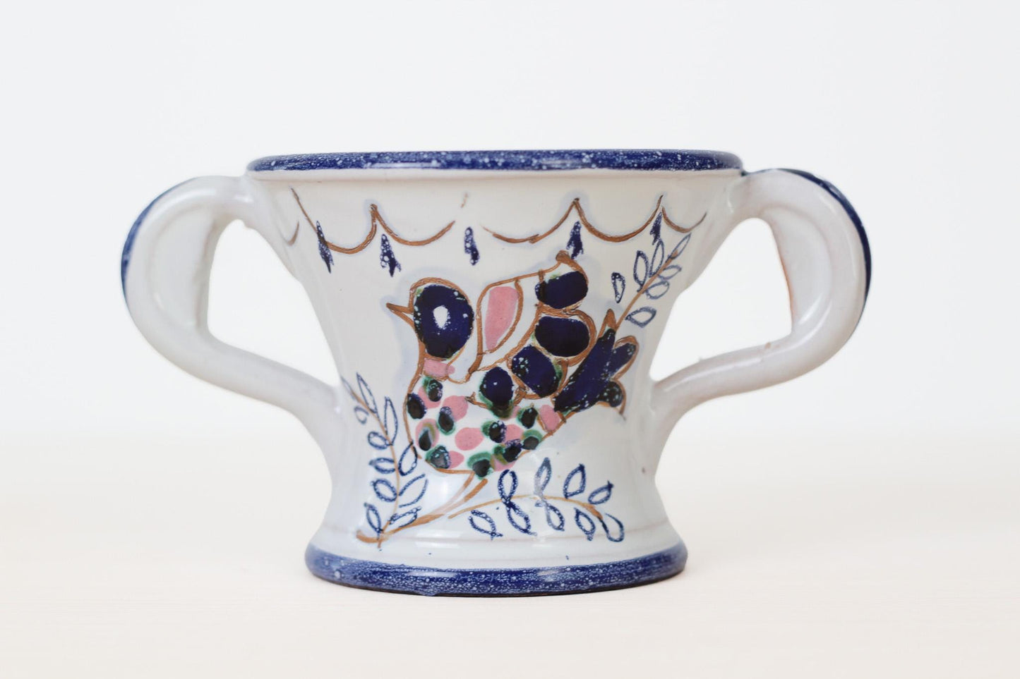 Vintage Italian Ceramic Sugar Bowl with Hand-Painted Bird