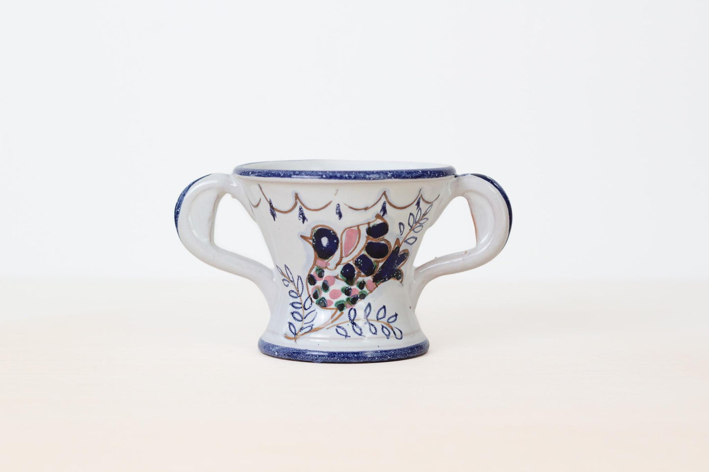 Vintage Italian Ceramic Sugar Bowl with Hand-Painted Bird