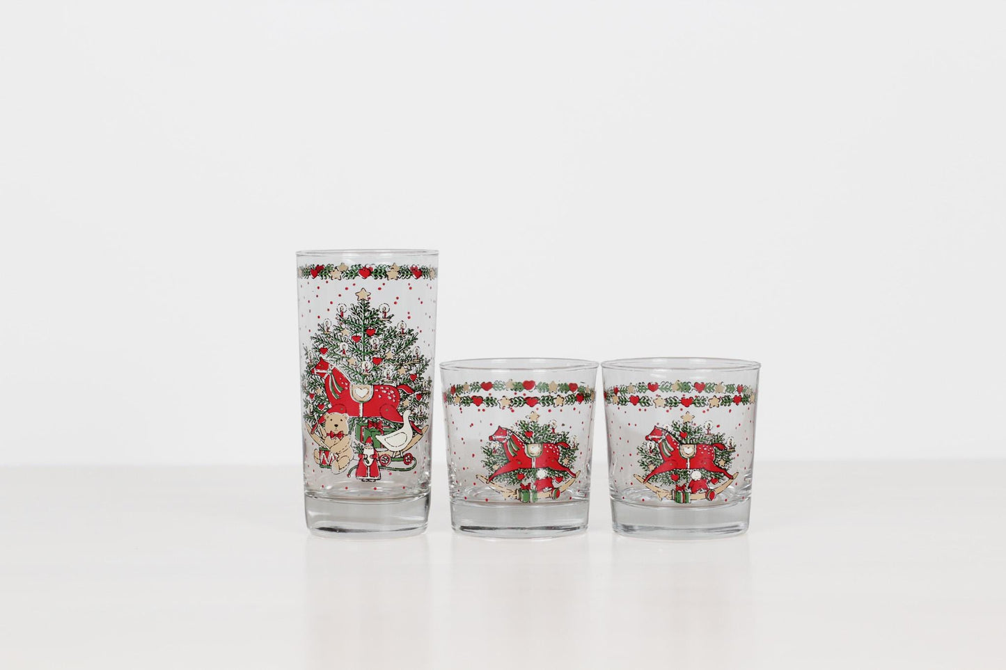 Set of 3 Vintage Christmas Glasses with Red Rocking Horse | 80s Holiday Table