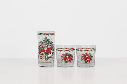 Set of 3 Vintage Christmas Glasses with Red Rocking Horse | 80s Holiday Table